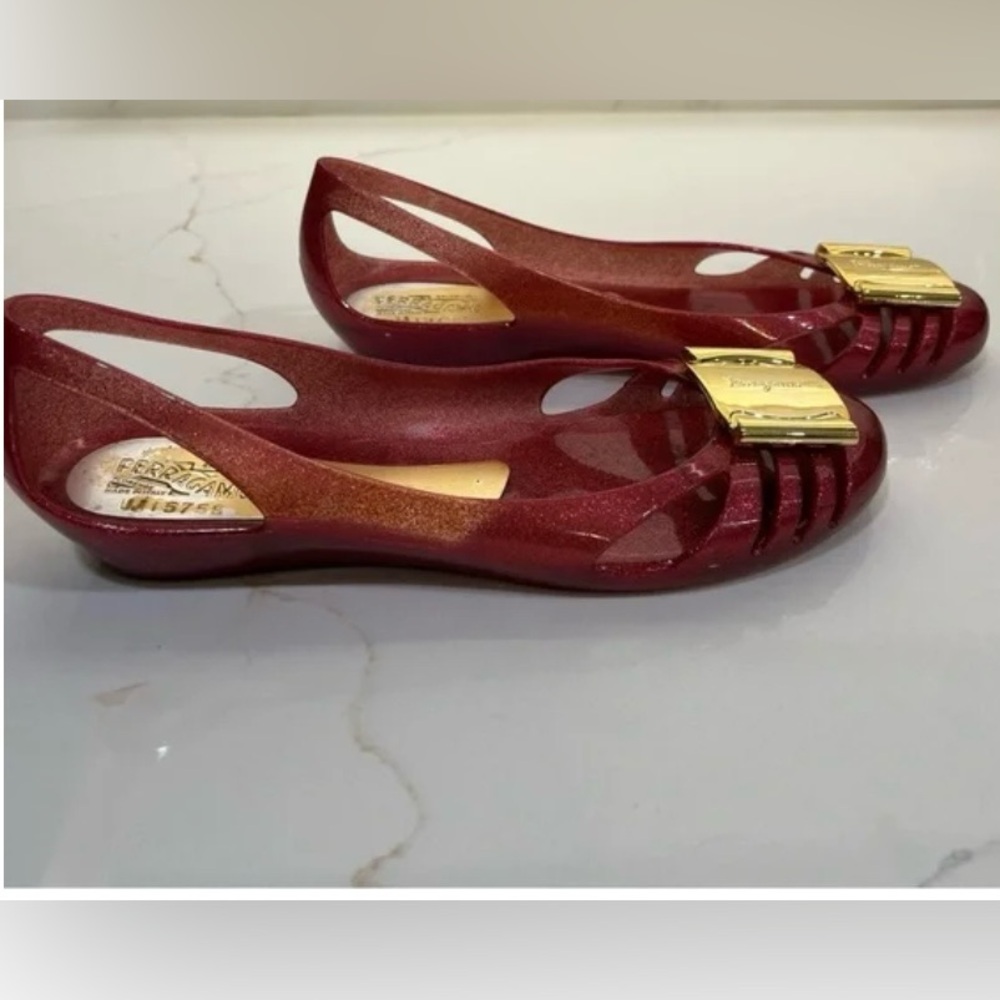 Salvatore Ferragamo Red Sparkling Jelly Shoes With Gold Buckle Size 9